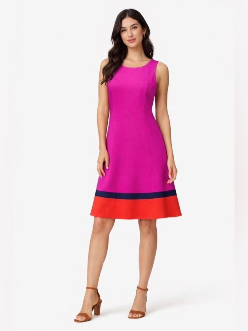 Belle Badgley Mischka Magenta Fit-and-Flare Midi Color Block Dress with Red Hem